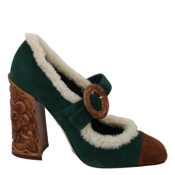 Dolce & Gabbana Shoes - Dolce & Gabbana Green Suede Fur Shearling Mary Jane Shoes